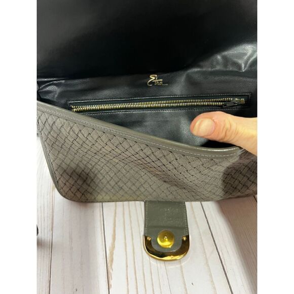 Etra Vintage Gray Suede Crosshatch Gold Detail Crossbody Purse - Picture 11 of 14